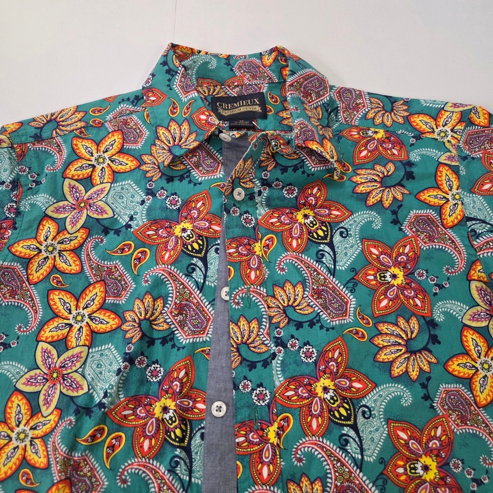 Cremieux Premium Denim Mens Medium Teal Paisley Floral Short Sleeve Button Shirt - Picture 2 of 5